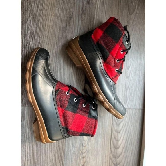 Sperry Buffalo Plaid Duck Boots‎ Red Black Waterproof Winter Ankle Boots - Picture 7 of 7